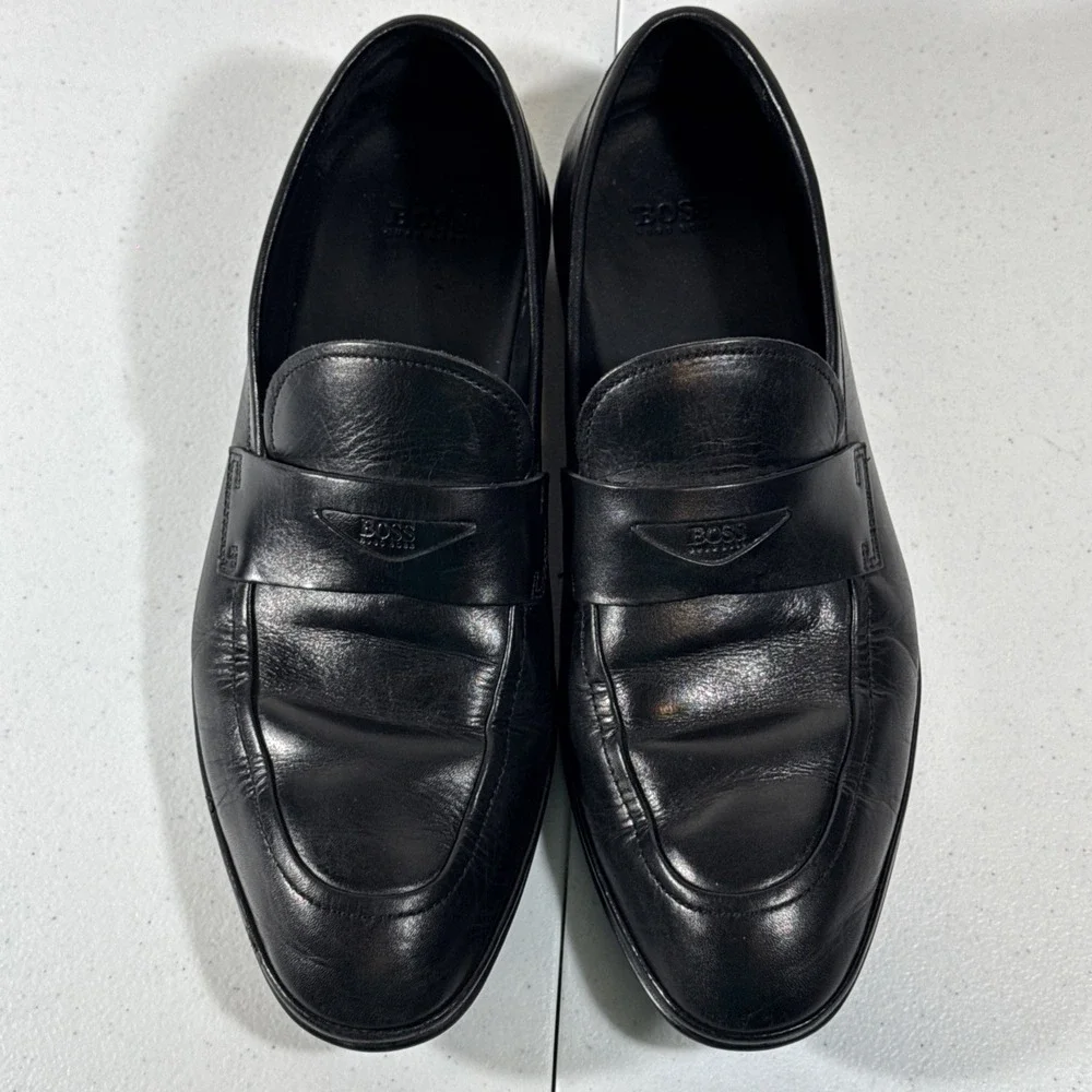 HUGO BOSS Shoes Mens Size 8 Black Leather Penny Loafer Slip On Casual Almond Toe